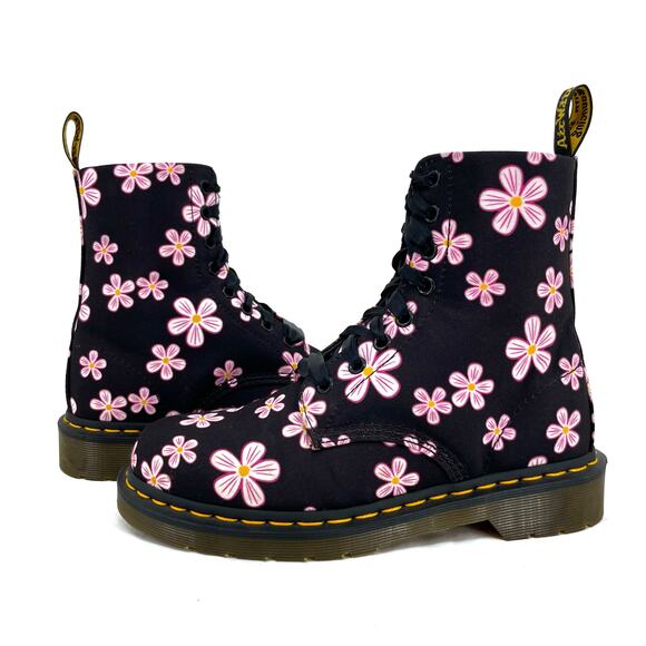 Dr. Martens Page Meadow Boot Pink Daisy Kawaii Floral Black Canvas Combat Moto 7 - Picture 1 of 12